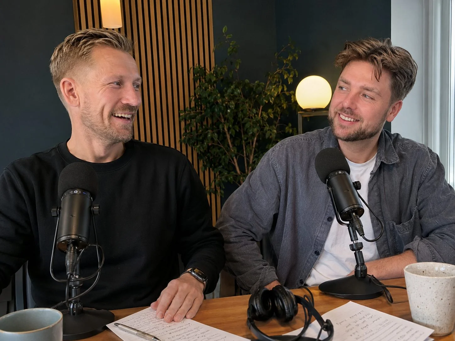 Matti Ljungberg griner sammen med Henrik Bondtofte ved mikrofonerne i podcaststudiet